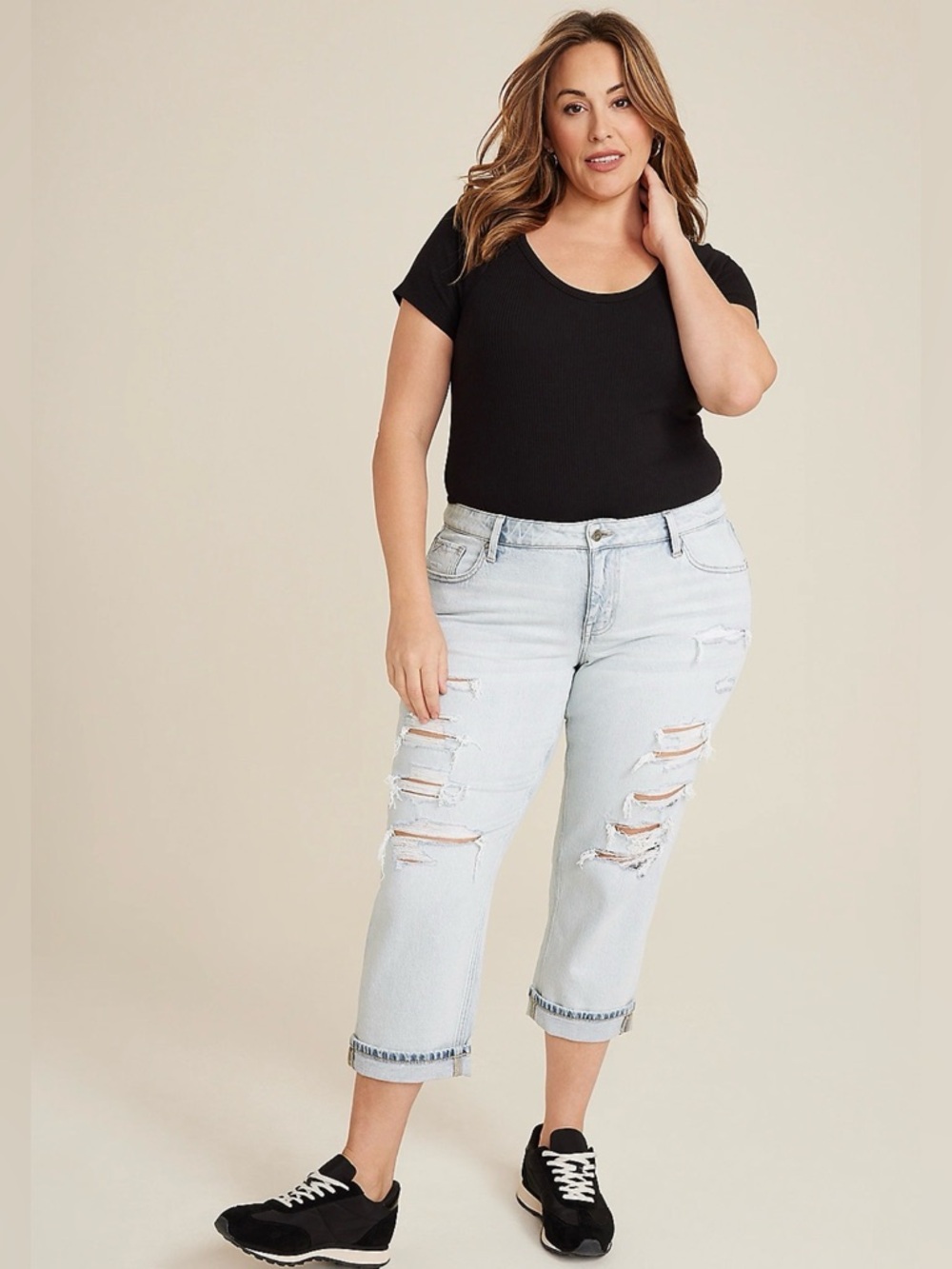 Plus-Size Light Wash Distressed Cropped Jeans